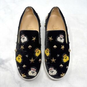 Christian Louboutin Miss Academy Velvet Slip On Flat Sneaker Shoes Black 35